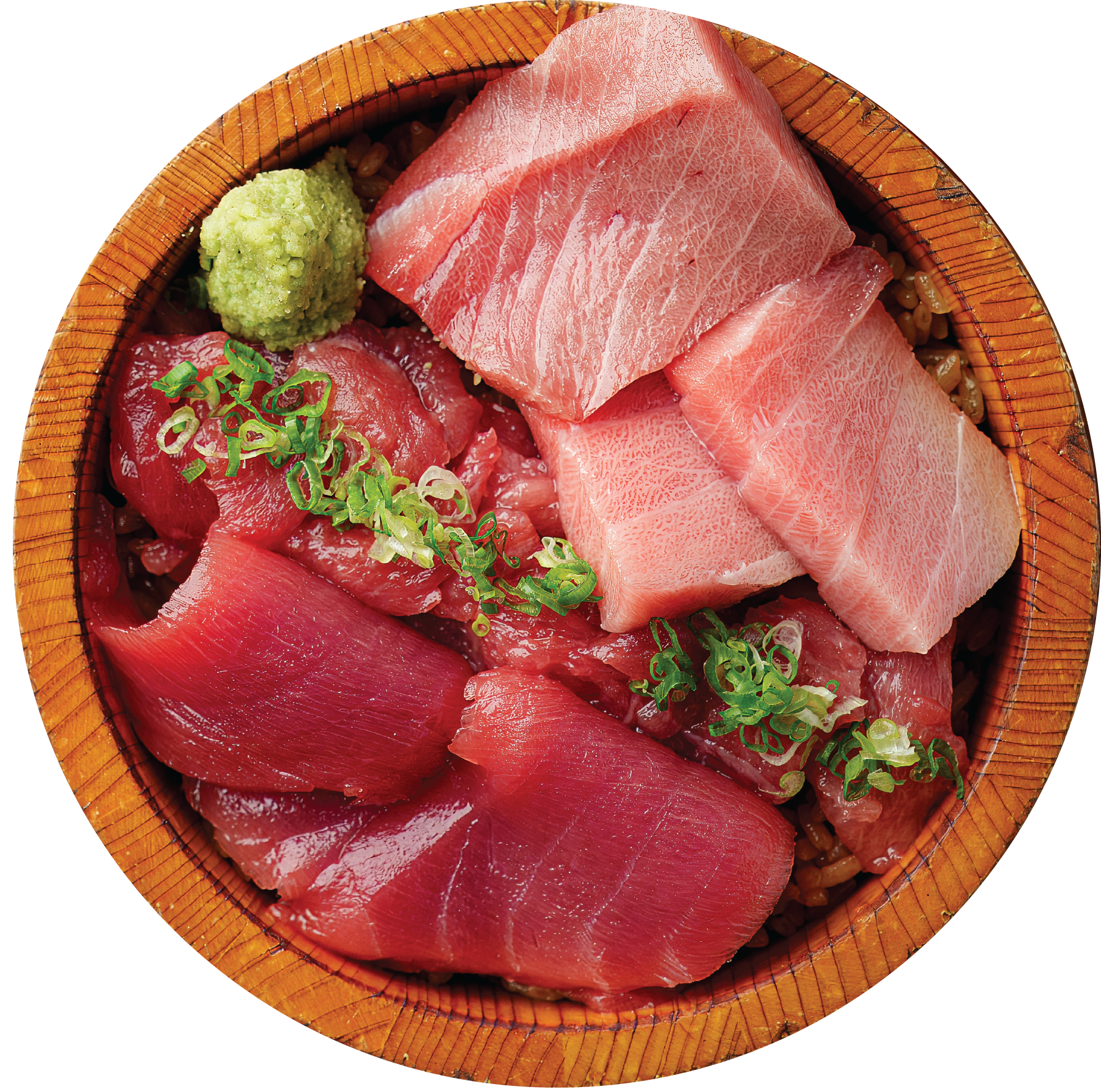 A luxurious bowl with otoro, akami, nakaochi, and chutoro, highlighting the best cuts of tuna.